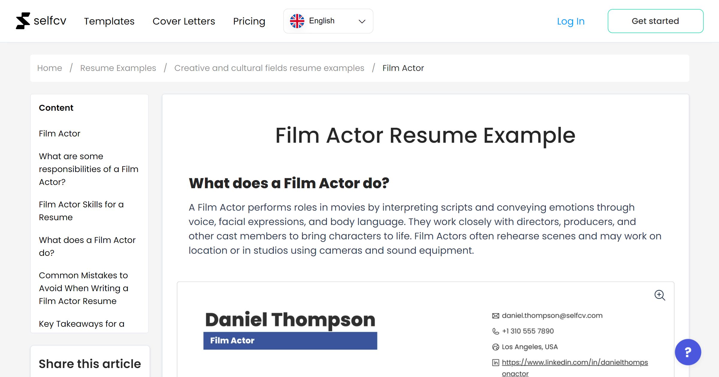 Film Actor Resume Example