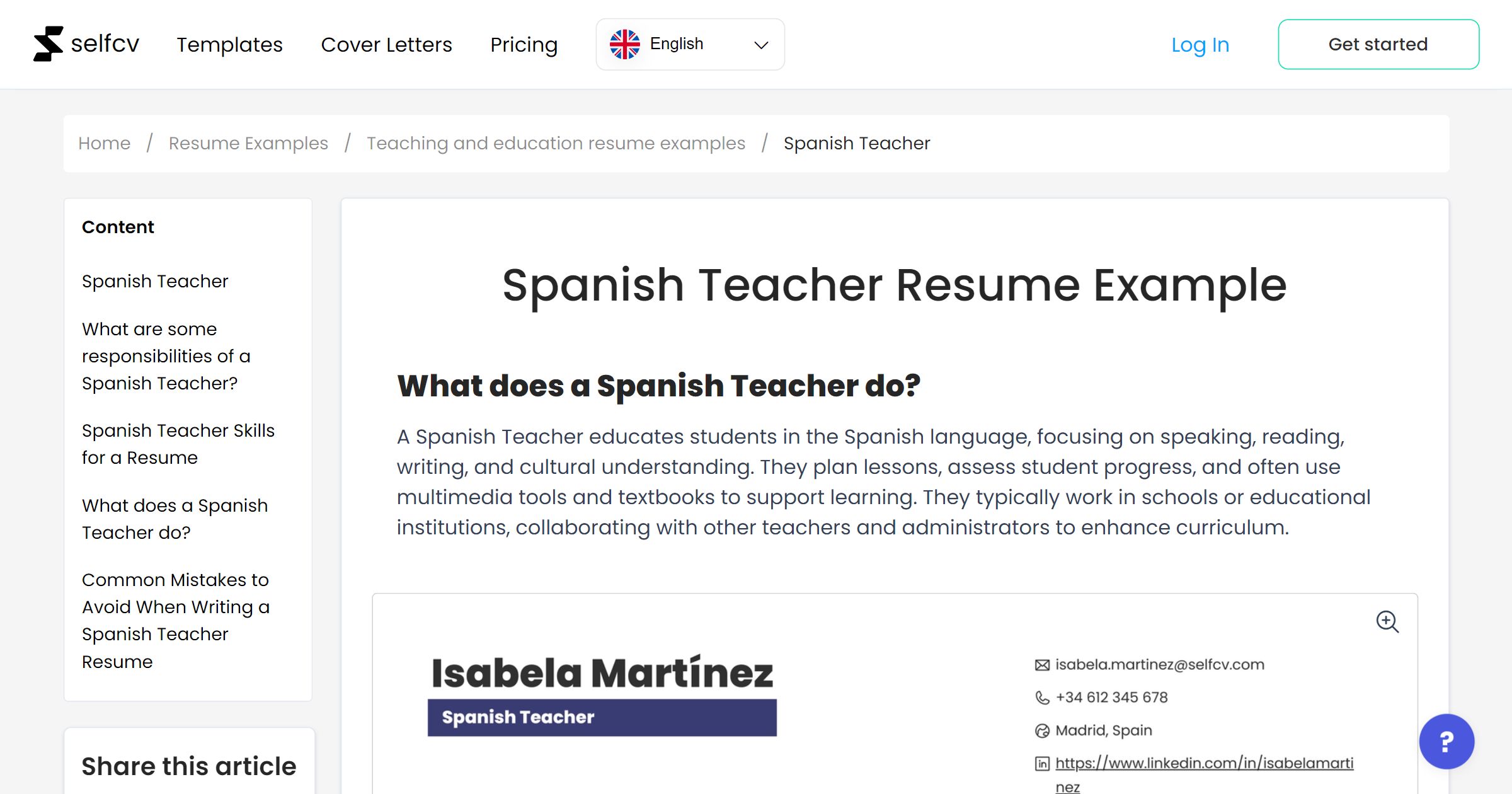 Spanish Teacher Resume Example