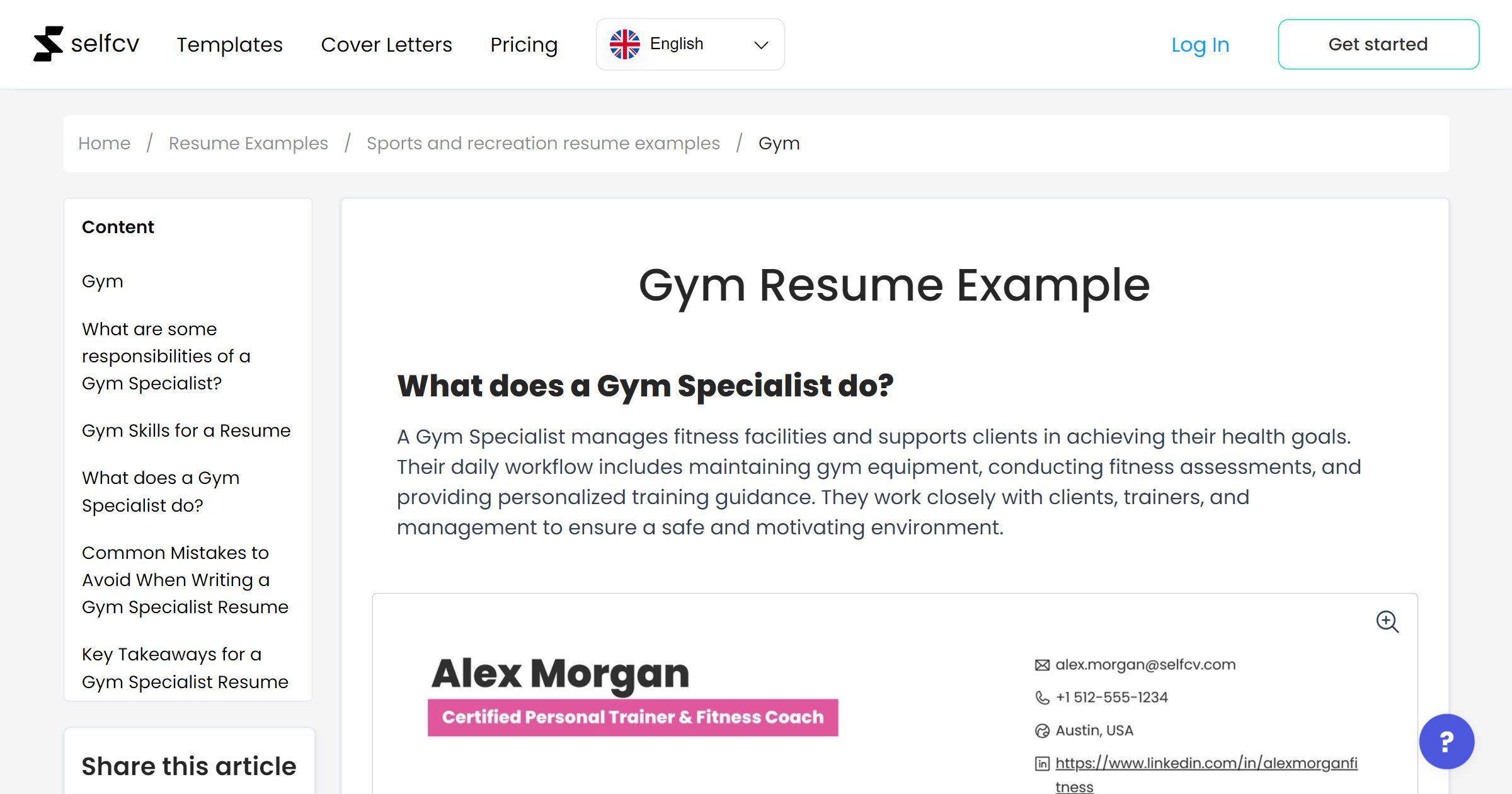 Gym Resume Example