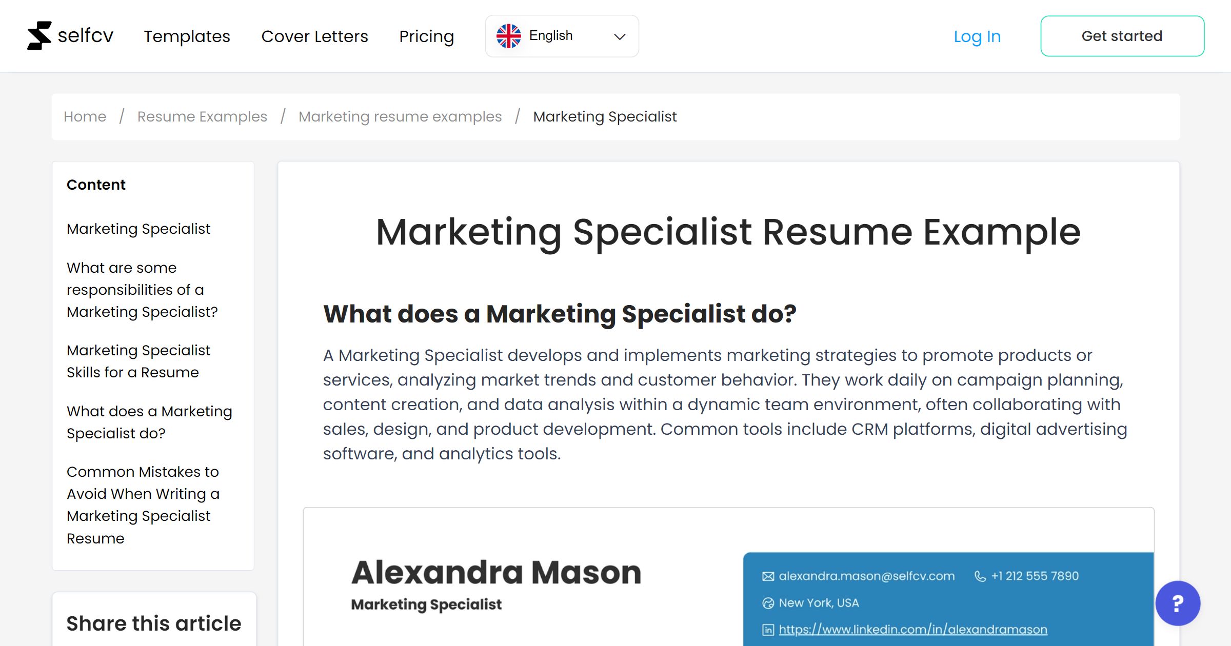 Marketing Specialist Resume Example