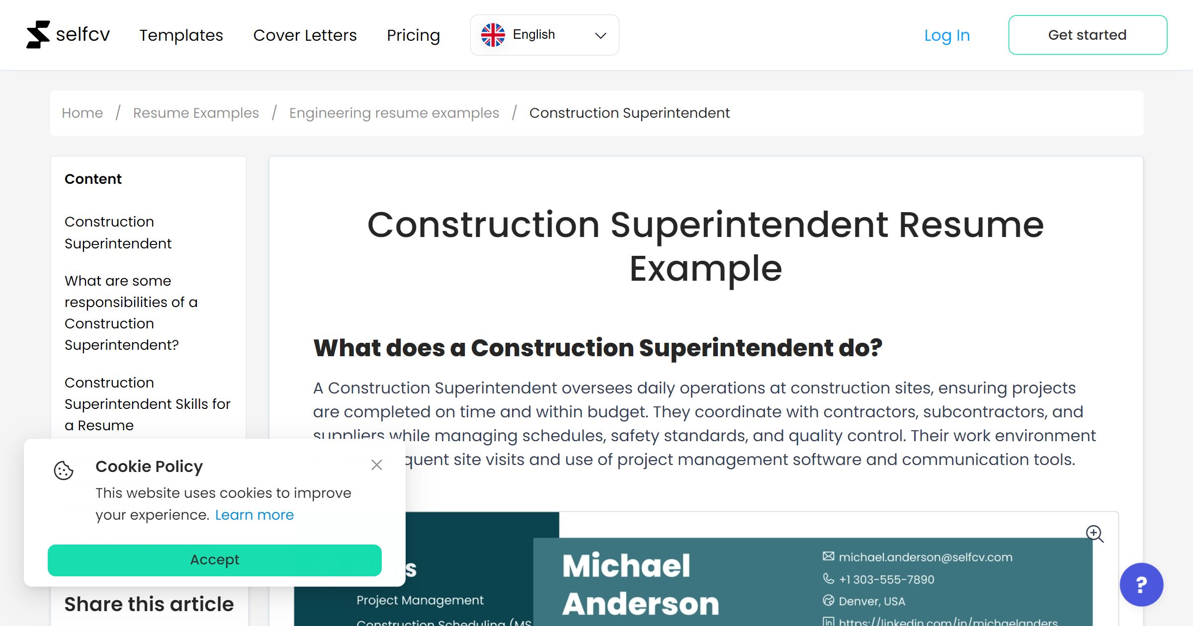 Construction Superintendent Resume Example