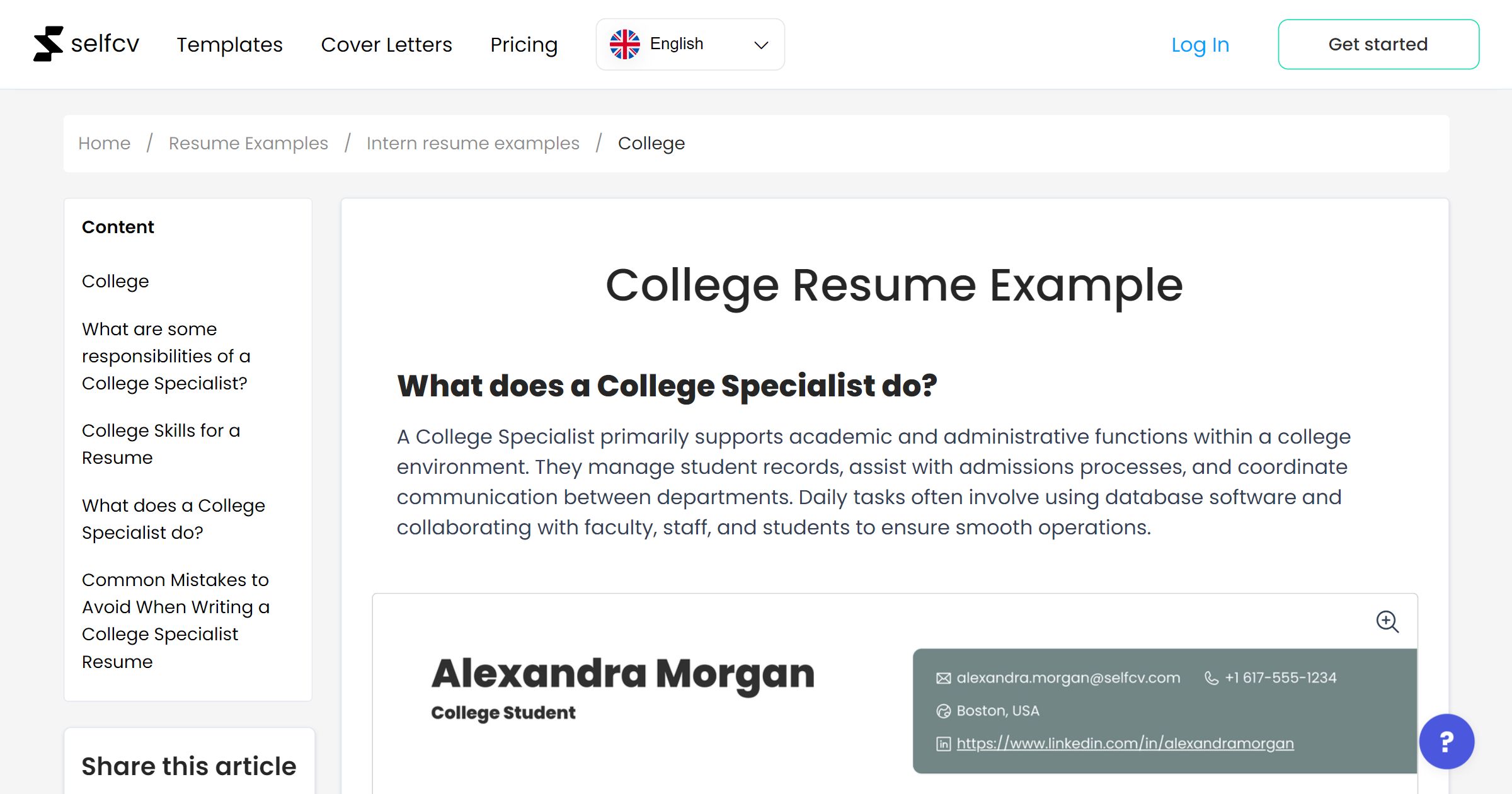 College Resume Example