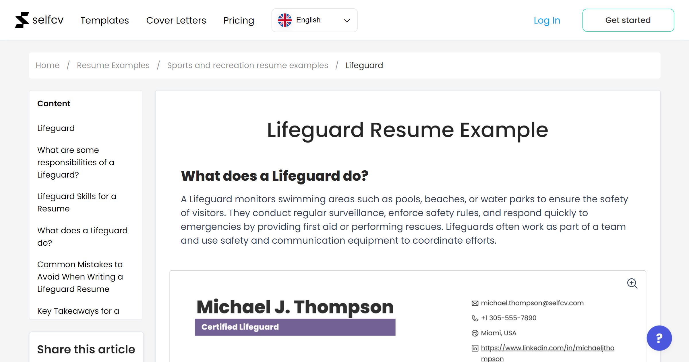 Lifeguard Resume Example