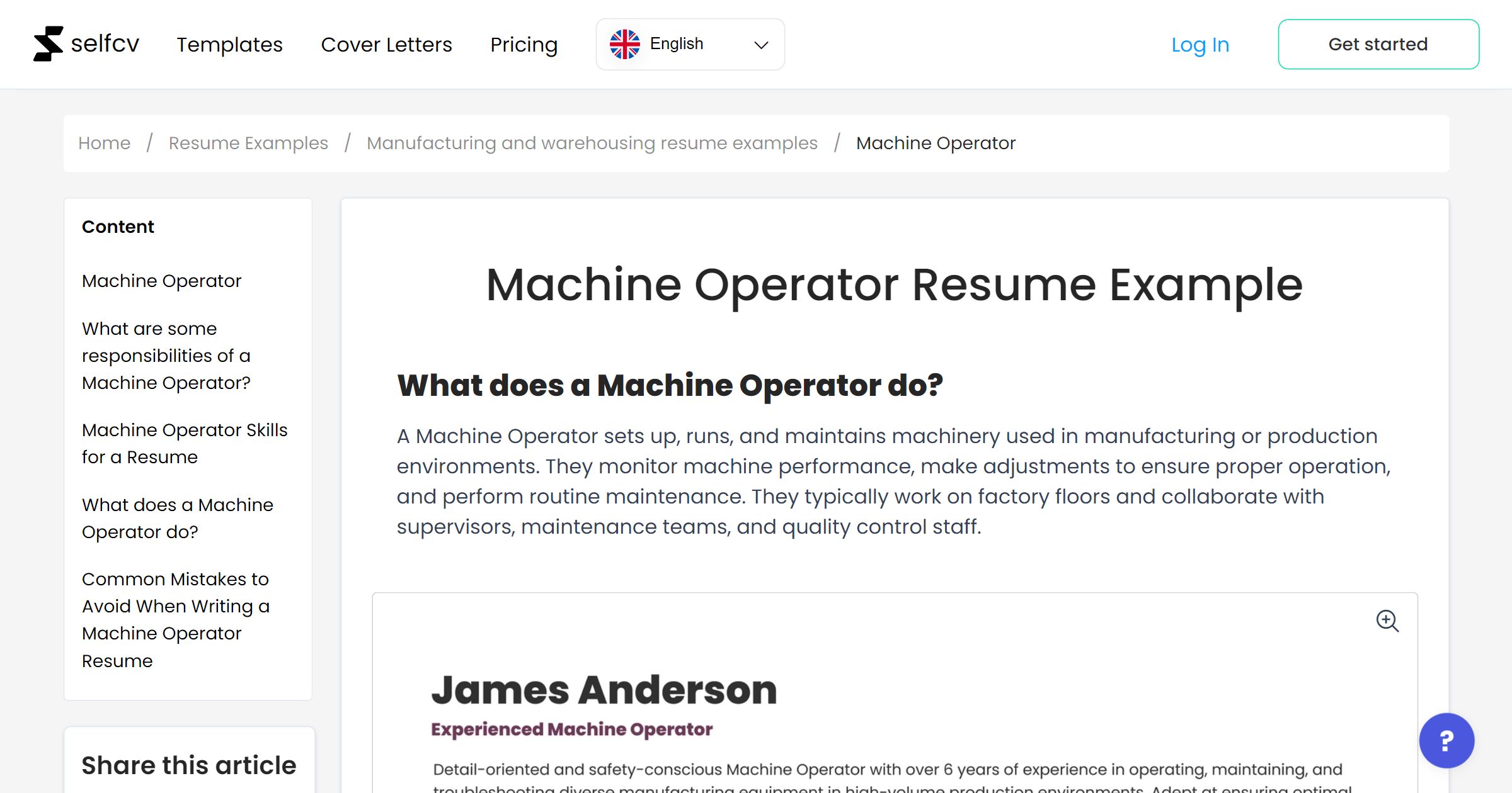Machine Operator Resume Example