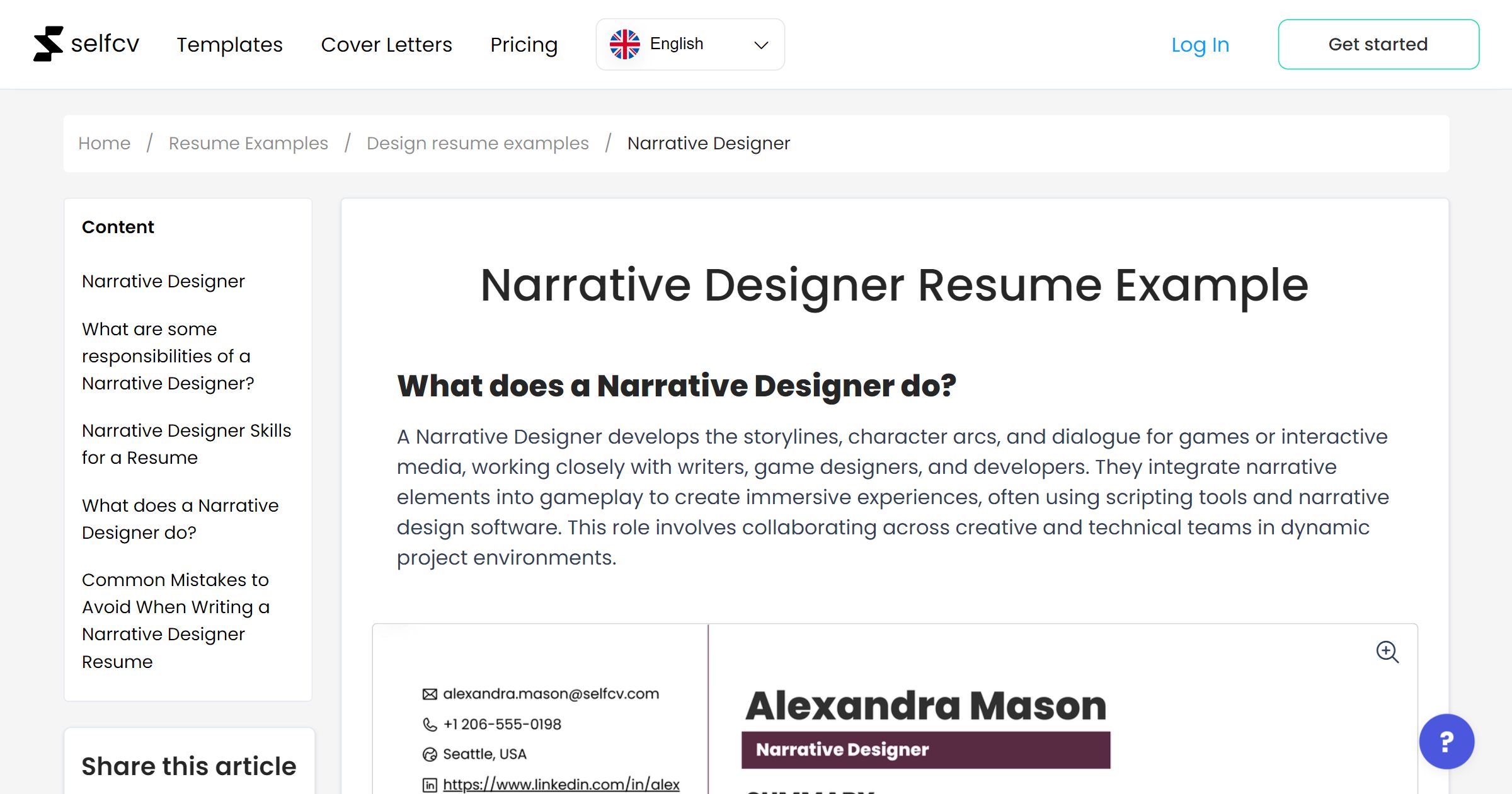 Narrative Designer Resume Example