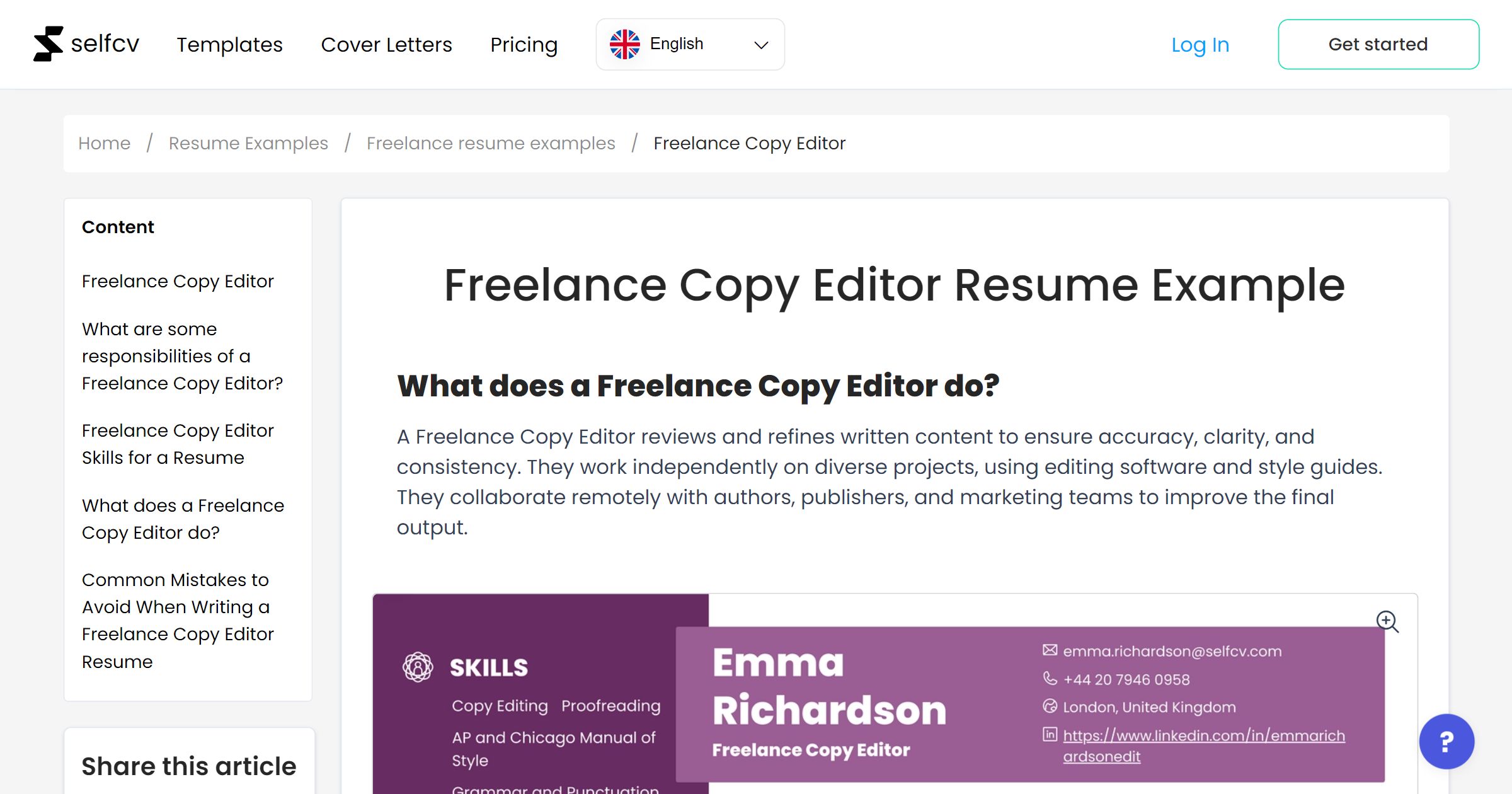 Freelance Copy Editor Resume Example