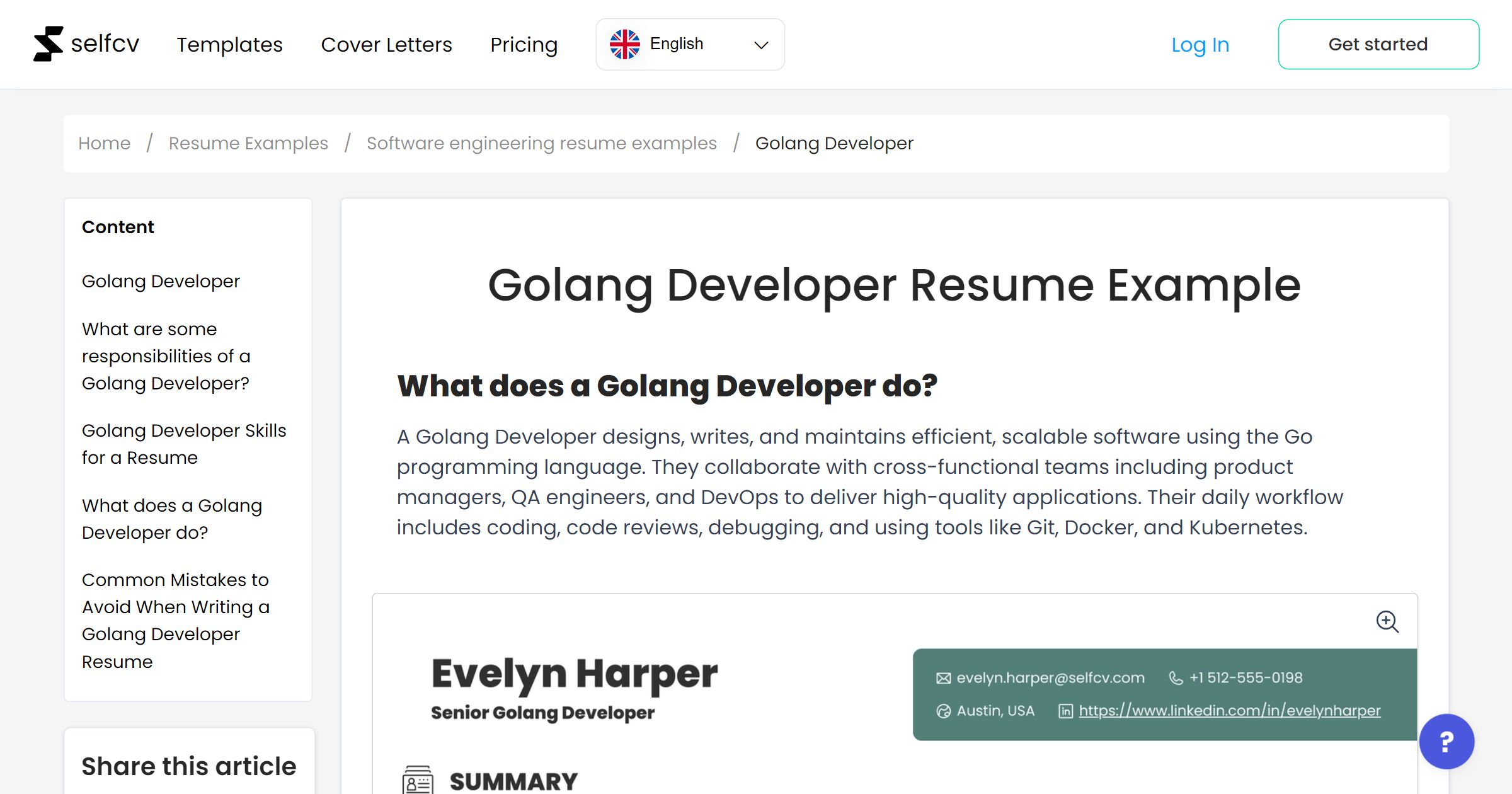 Golang Developer Resume Example