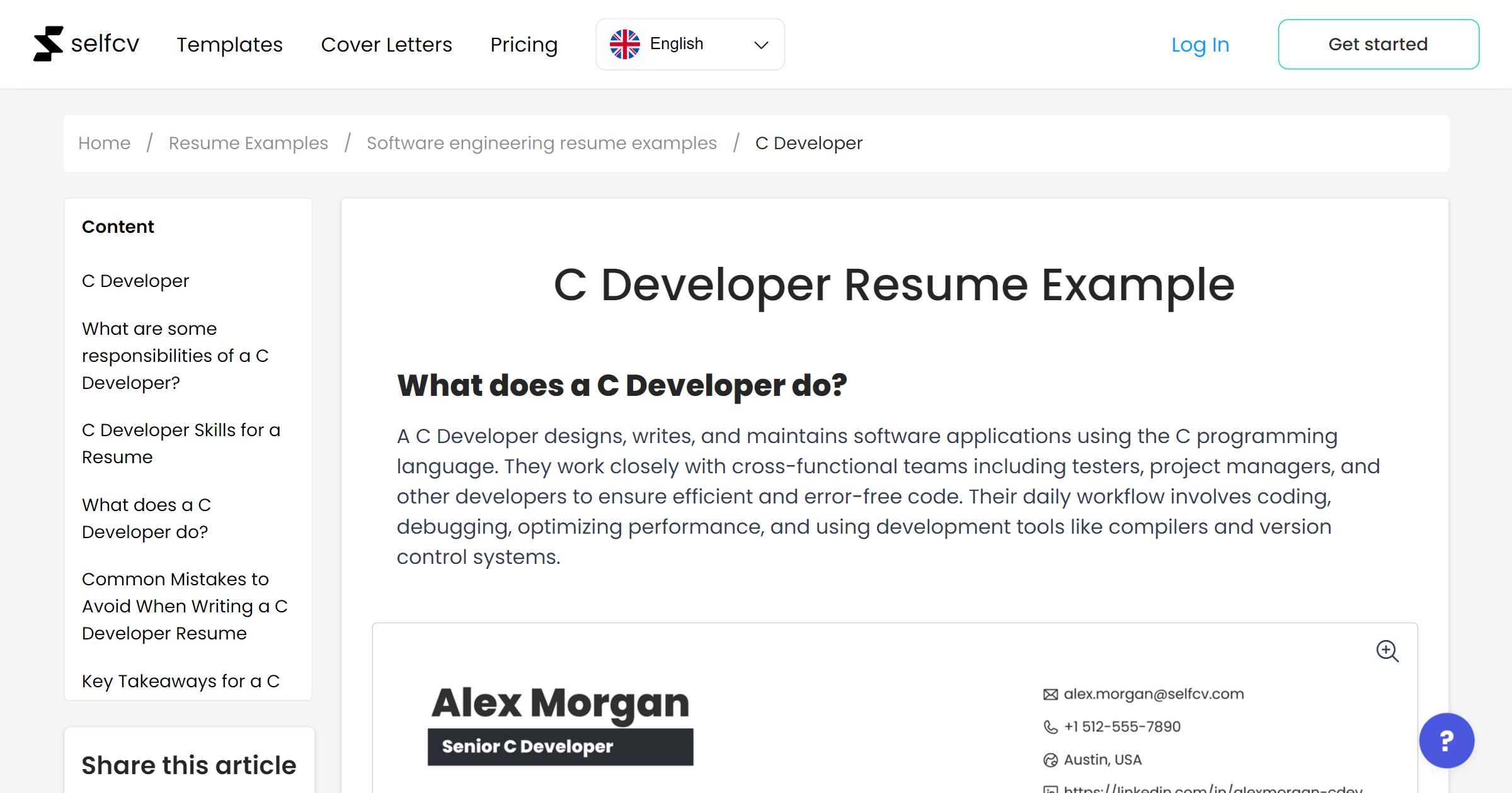 C Developer Resume Example