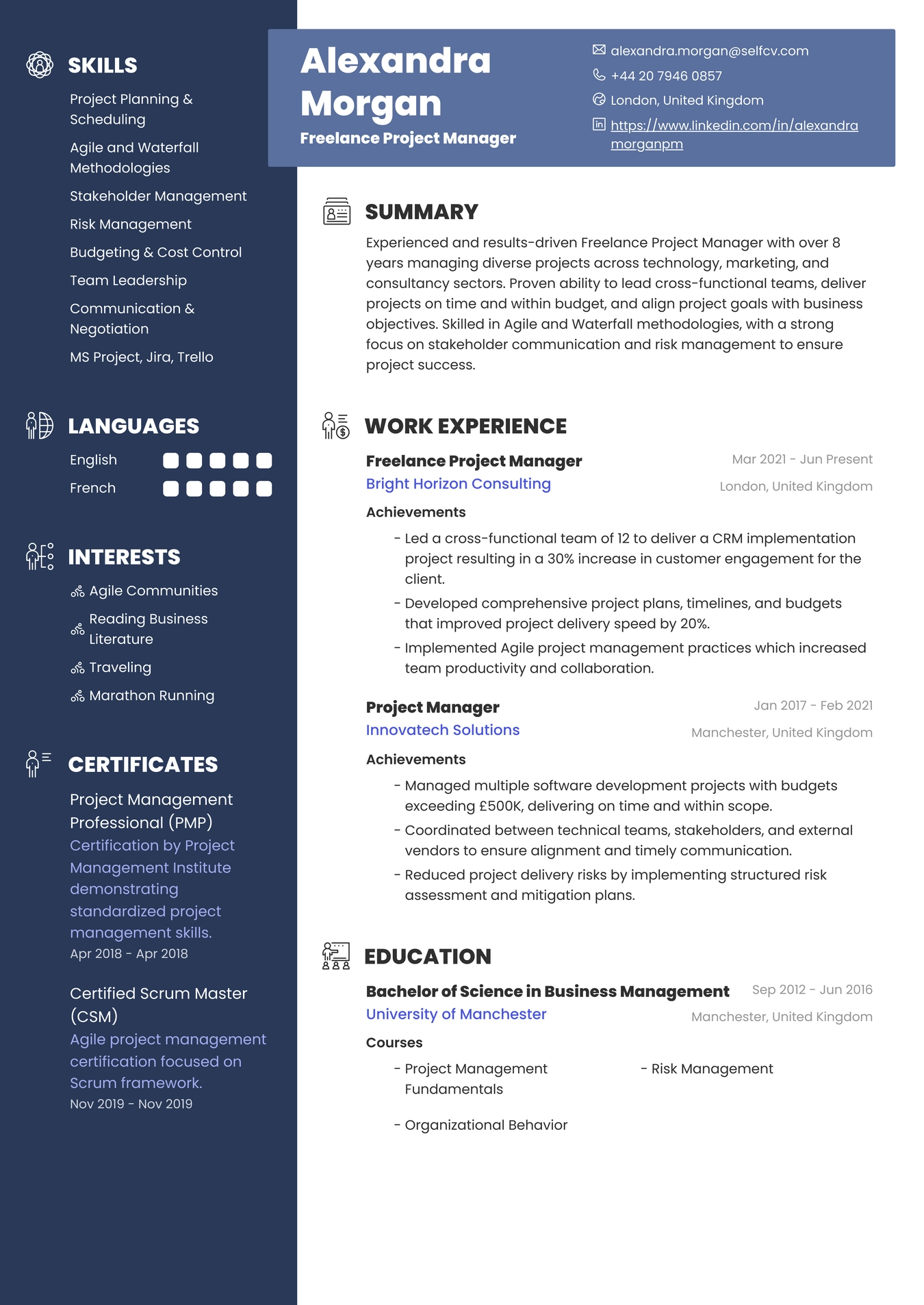 Freelance Project Manager Resume Example