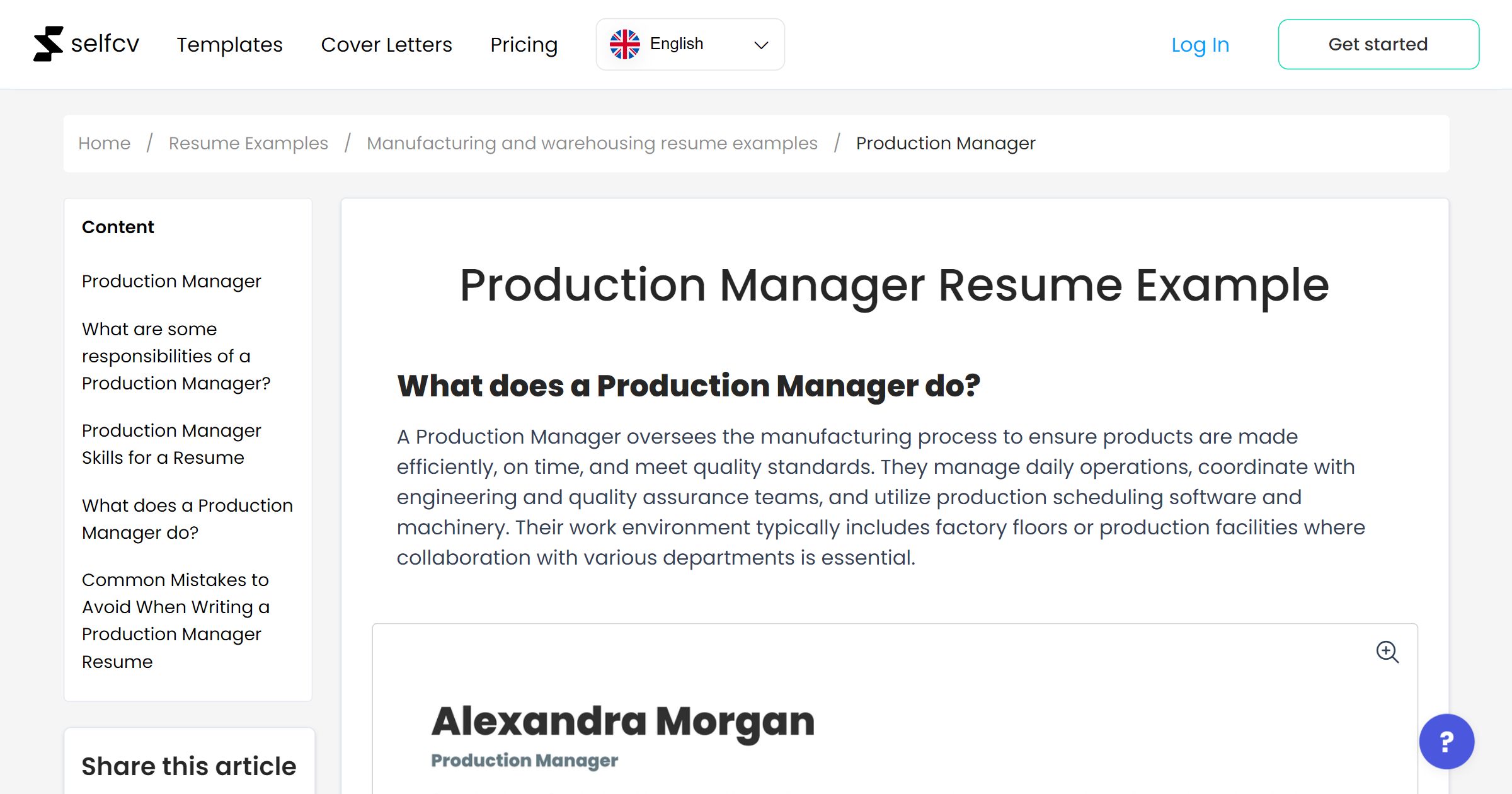Production Manager Resume Example