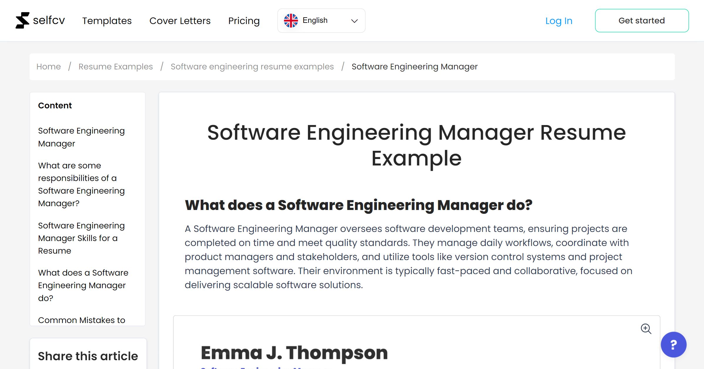 Software Engineering Manager Resume Example