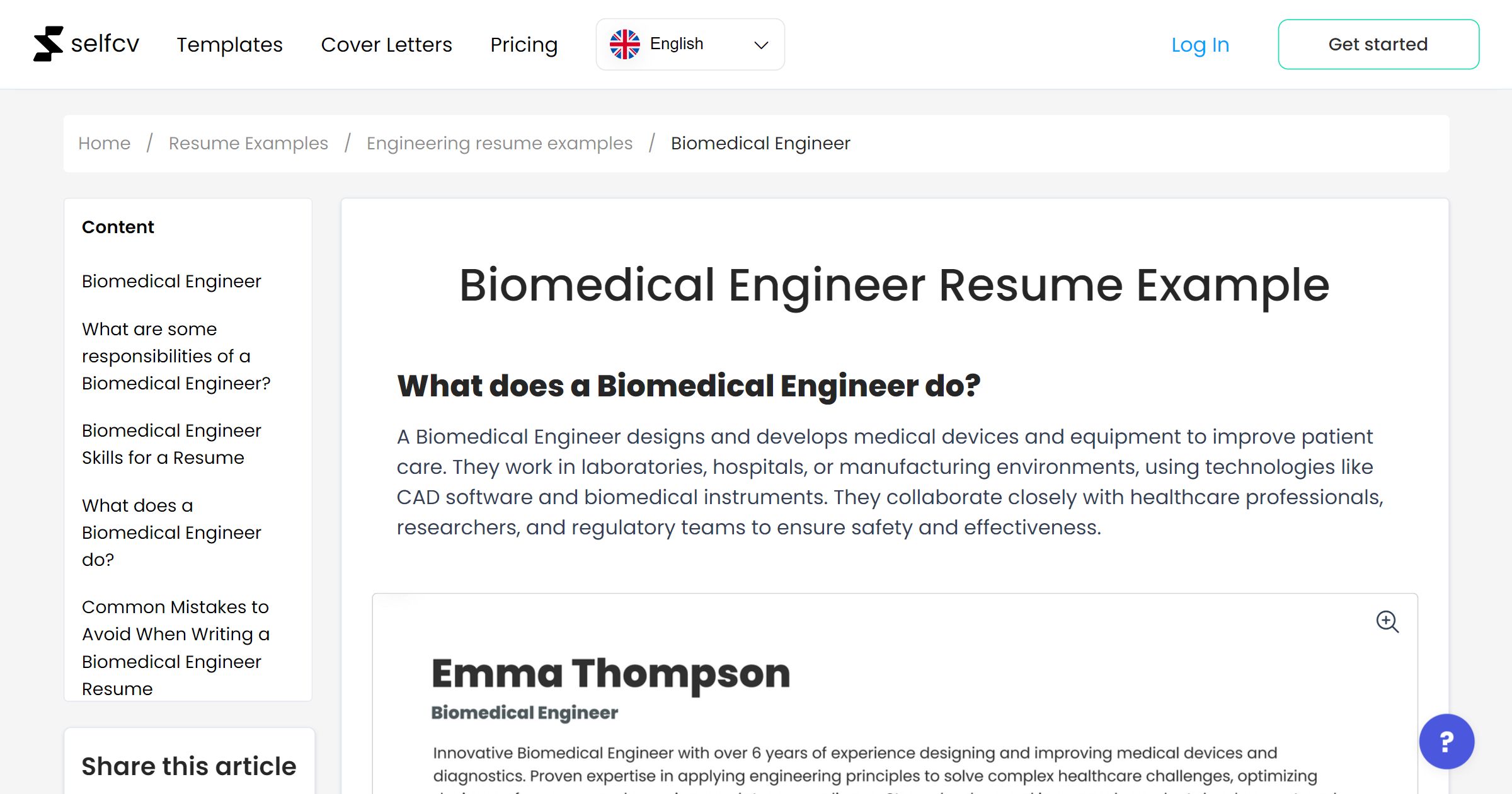 Biomedical Engineer Resume Example