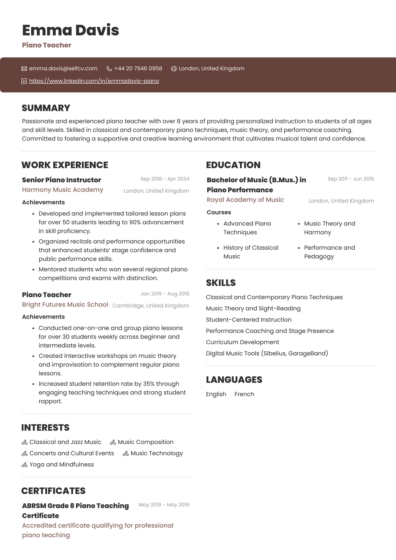Piano Teacher Resume Example