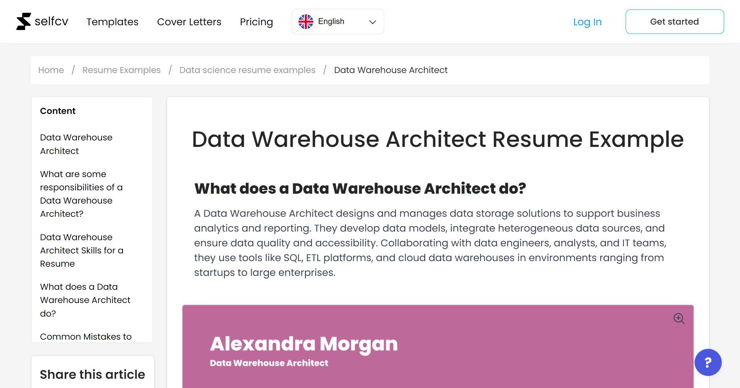 Data Warehouse Architect Resume Example