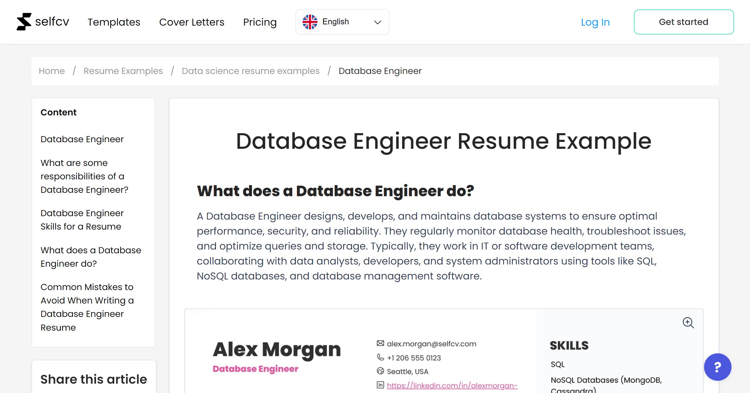 Database Engineer Resume Example