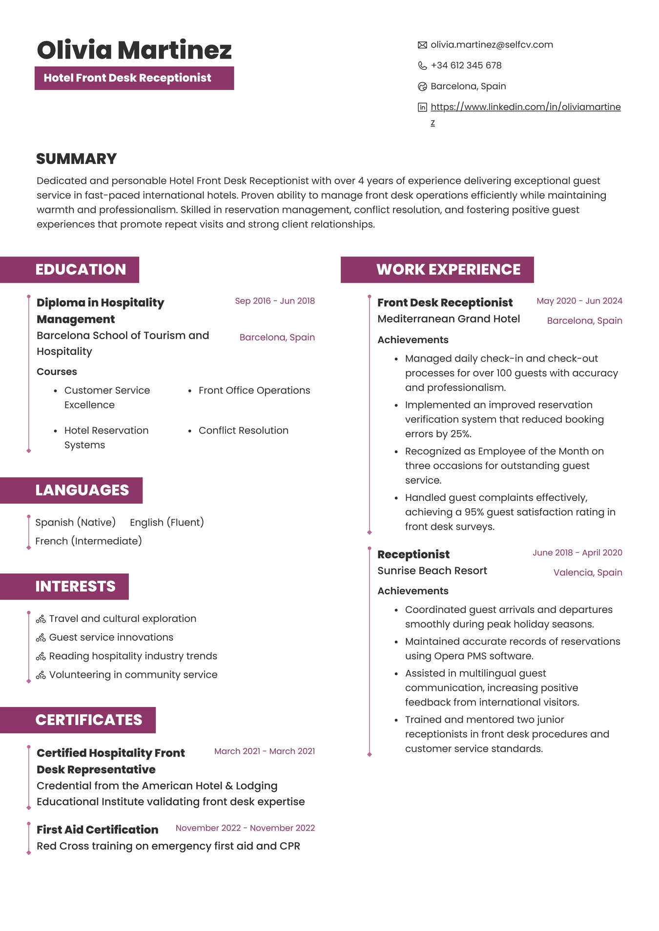 Hotel Front Desk Receptionist