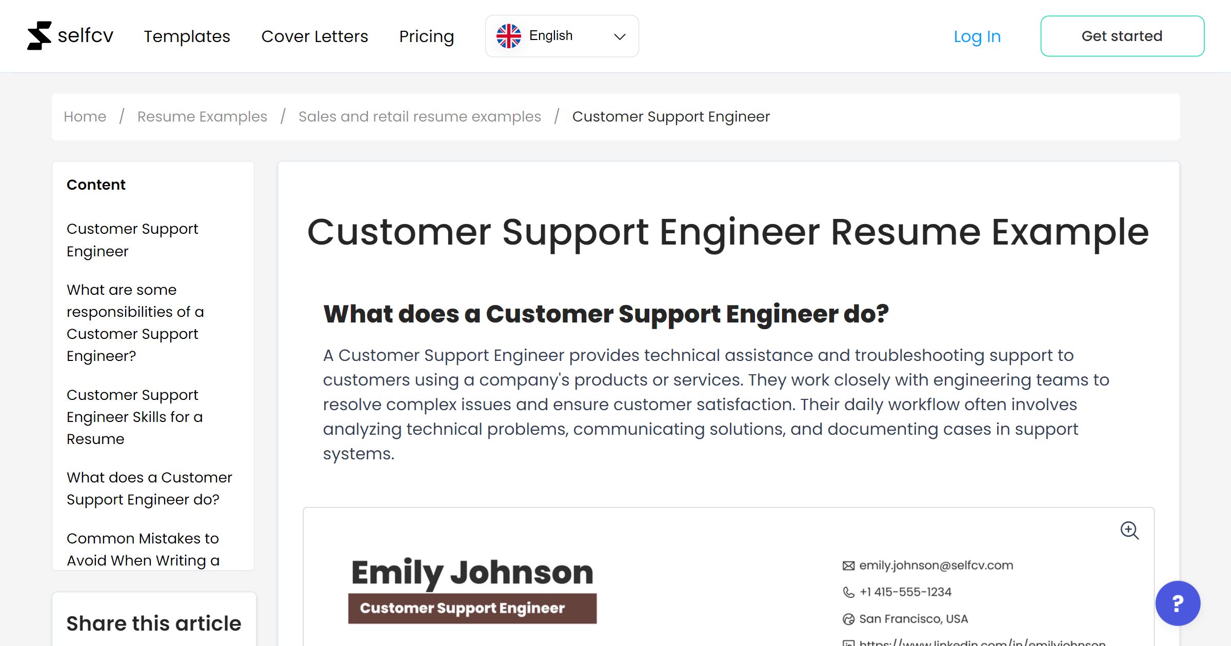 Customer Support Engineer Resume Example