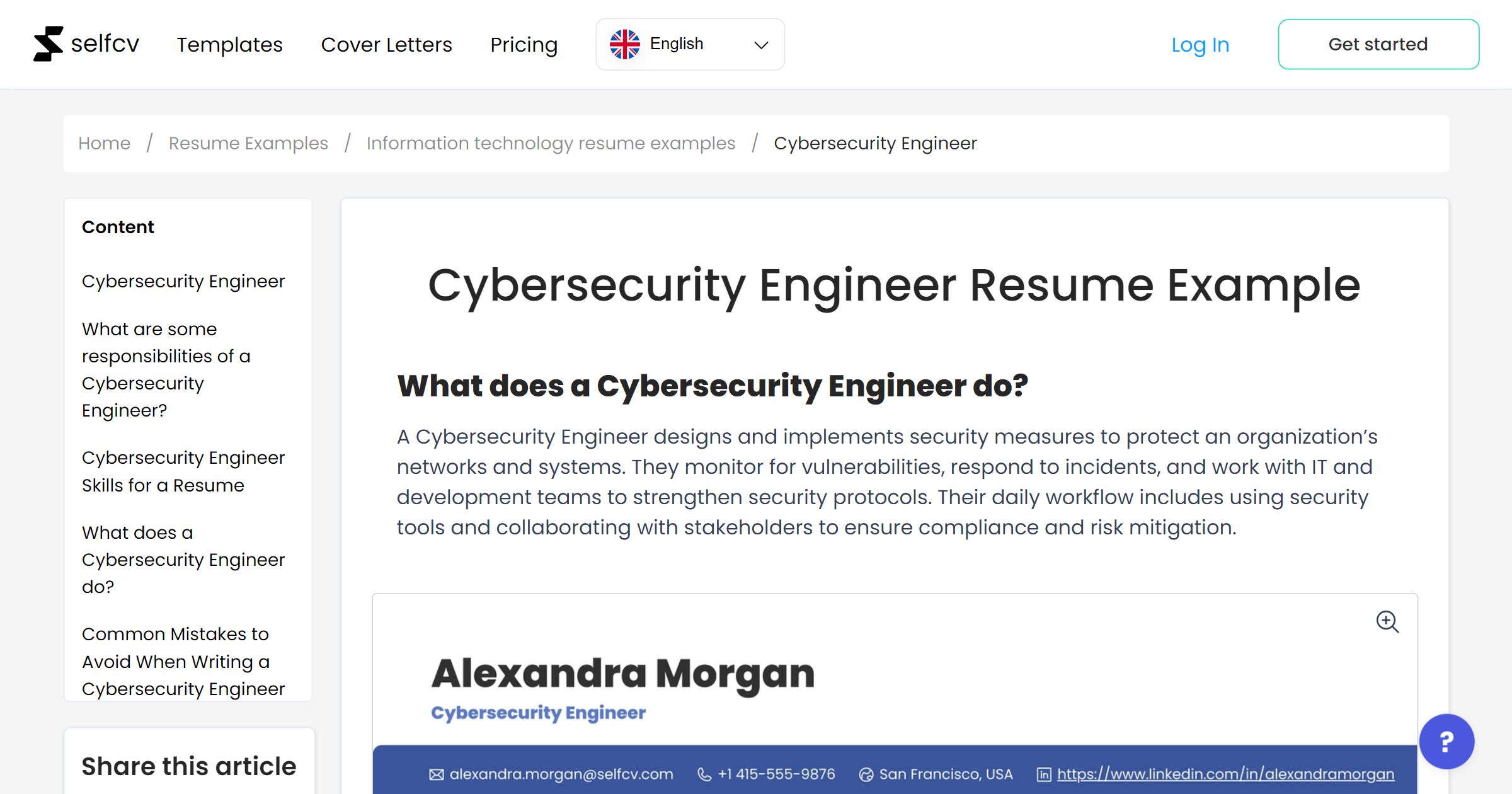 Cybersecurity Engineer Resume Example